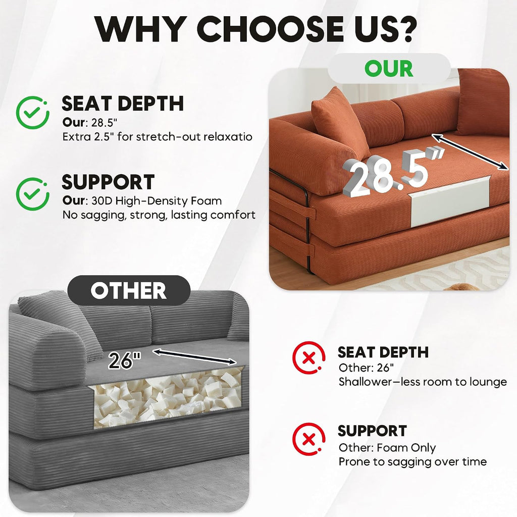 ZEIINPA Convertible Sleeper Sofa Bed with Cylindrical Pillow, Corduroy Folding Mattress Couch with Fixed-Shape Frame, Floor Sofa Lounge Couch for Living Room Bedroom Lounge Studio, Orange