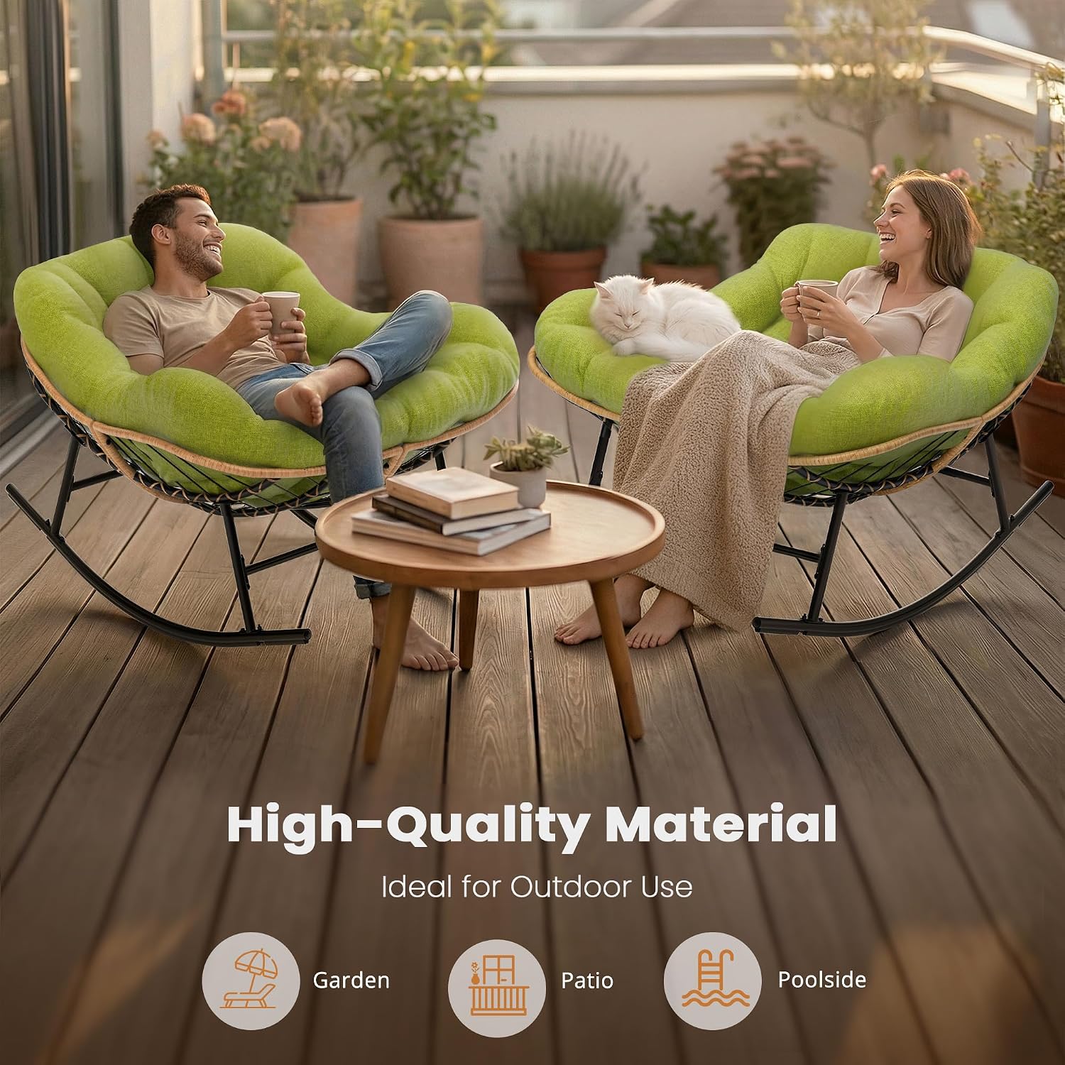 Easyego Oversized Papasan Rocking Chair Indoor Outdoor Use, Comfortable Wicker Rocker with Cozy Thicken Cushion for Deck, Balcony, Poolside, Lawn, Bedroom, Living Room, Green