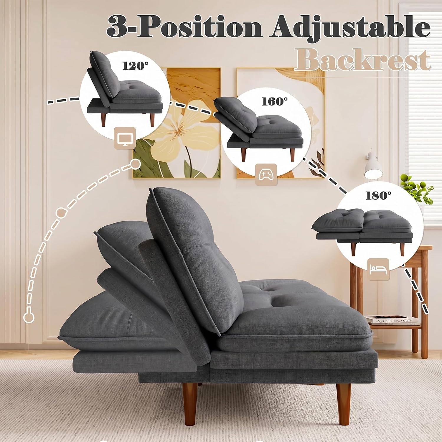 Homall Futon Sofa Bed, Modern Loveseat Futon Couch with Adjustable Backrest and Armrests, Sleeper Sofa Bed with Wood Frame for Living Room, Office, Apartment (Fabric, Dark Grey)