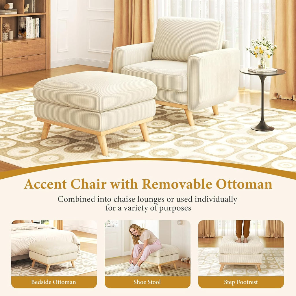 Vesgantti 38.5' Accent Chair with Movable Ottoman, Comfy Corduroy Armchair with Spring Cushion, Reading Chair with Ottoman, Modern Single Sofa for Living Room, Bedroom and Apartment, Beige