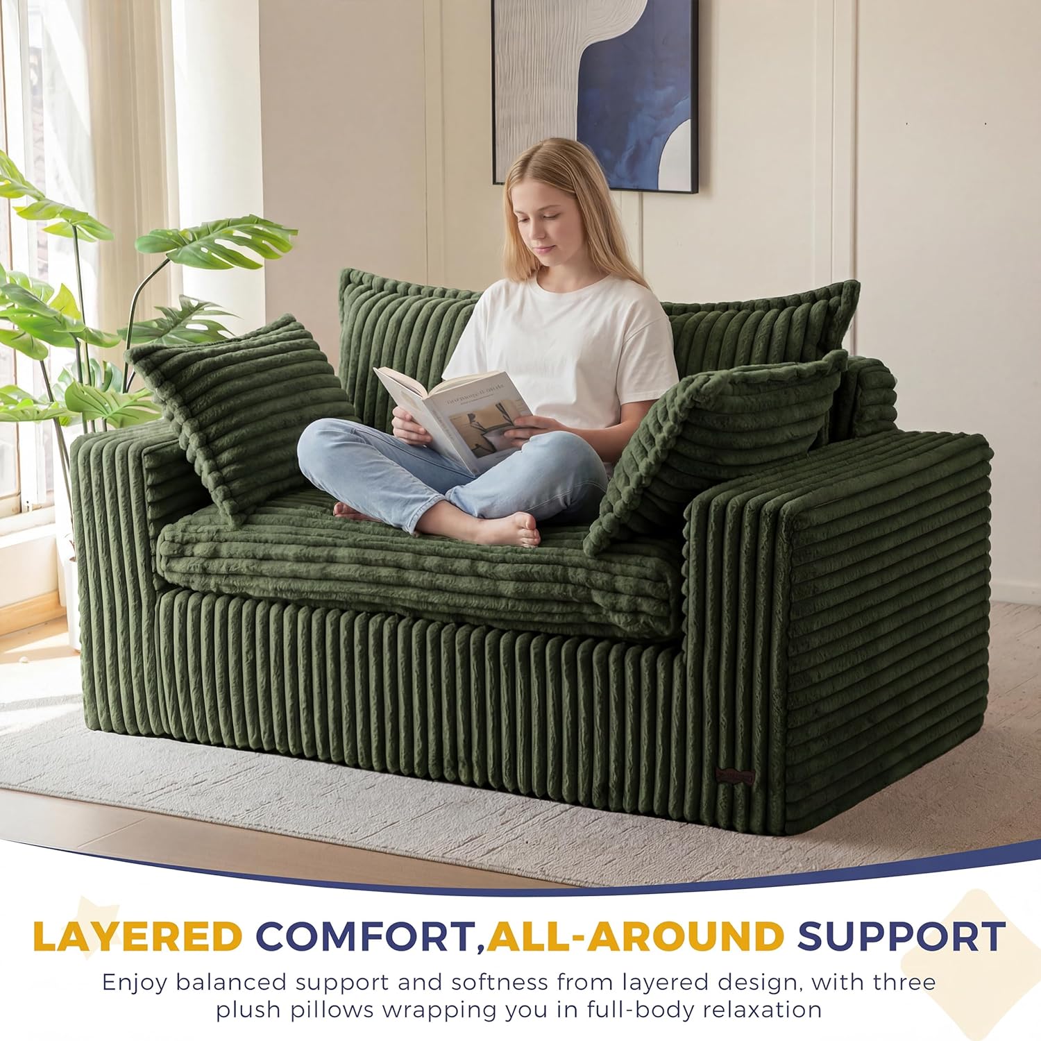 MAXYOYO 59' Bean Bag Sofa Couch, Loveseat Boneless Couch in a Box, Upholstered Small Mini Sofa with Deep Seating for Living Room Bedroom Office Apartment, No Assembly, Dark Green