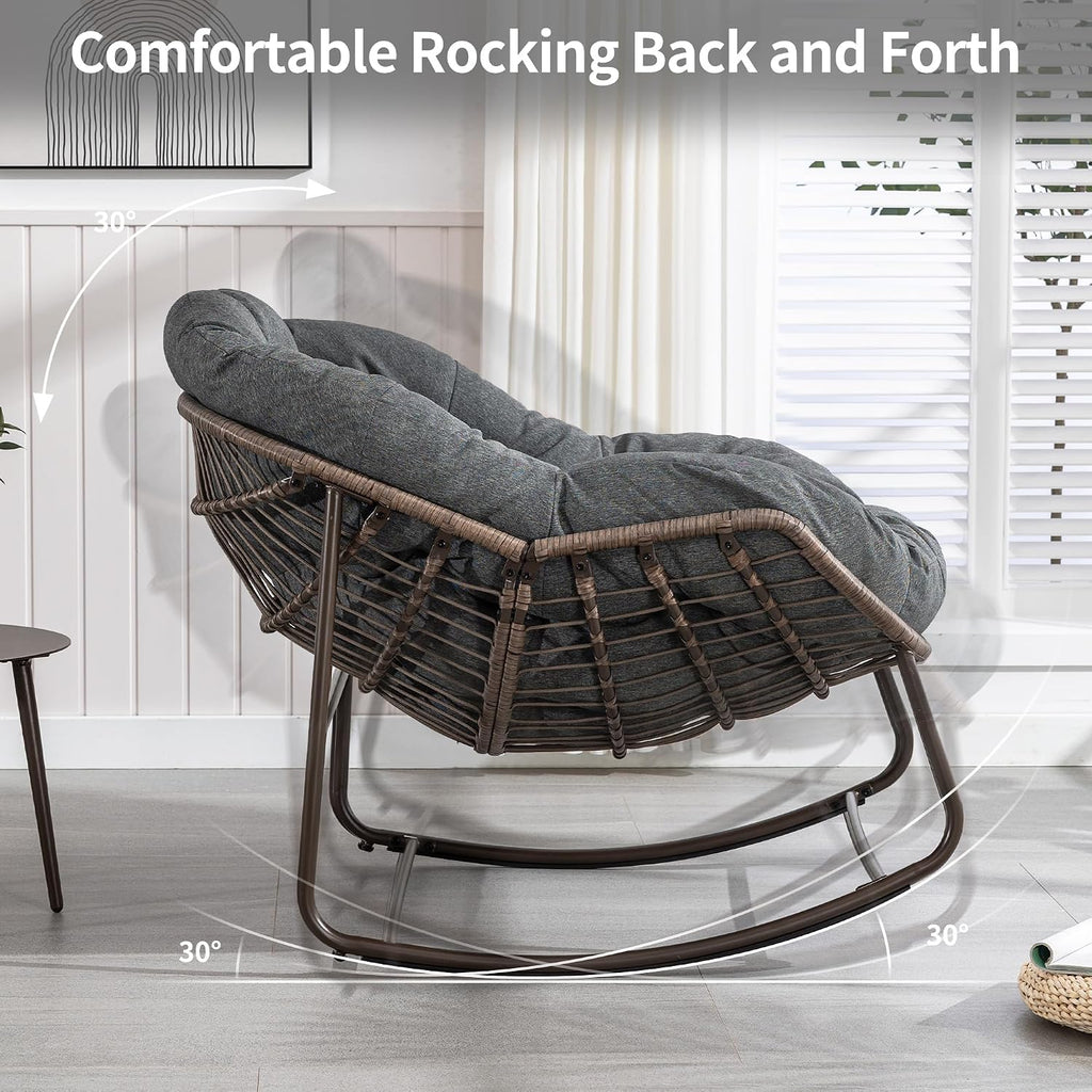 Oversized Papasan Rocking Chair - Outdoor Luxury Comfy Patio Chair Indoor Egg Royal Rattan Rocking Chair with Cushion for Front Porch Lounge Lawn Bedroom Living Room (Grey)