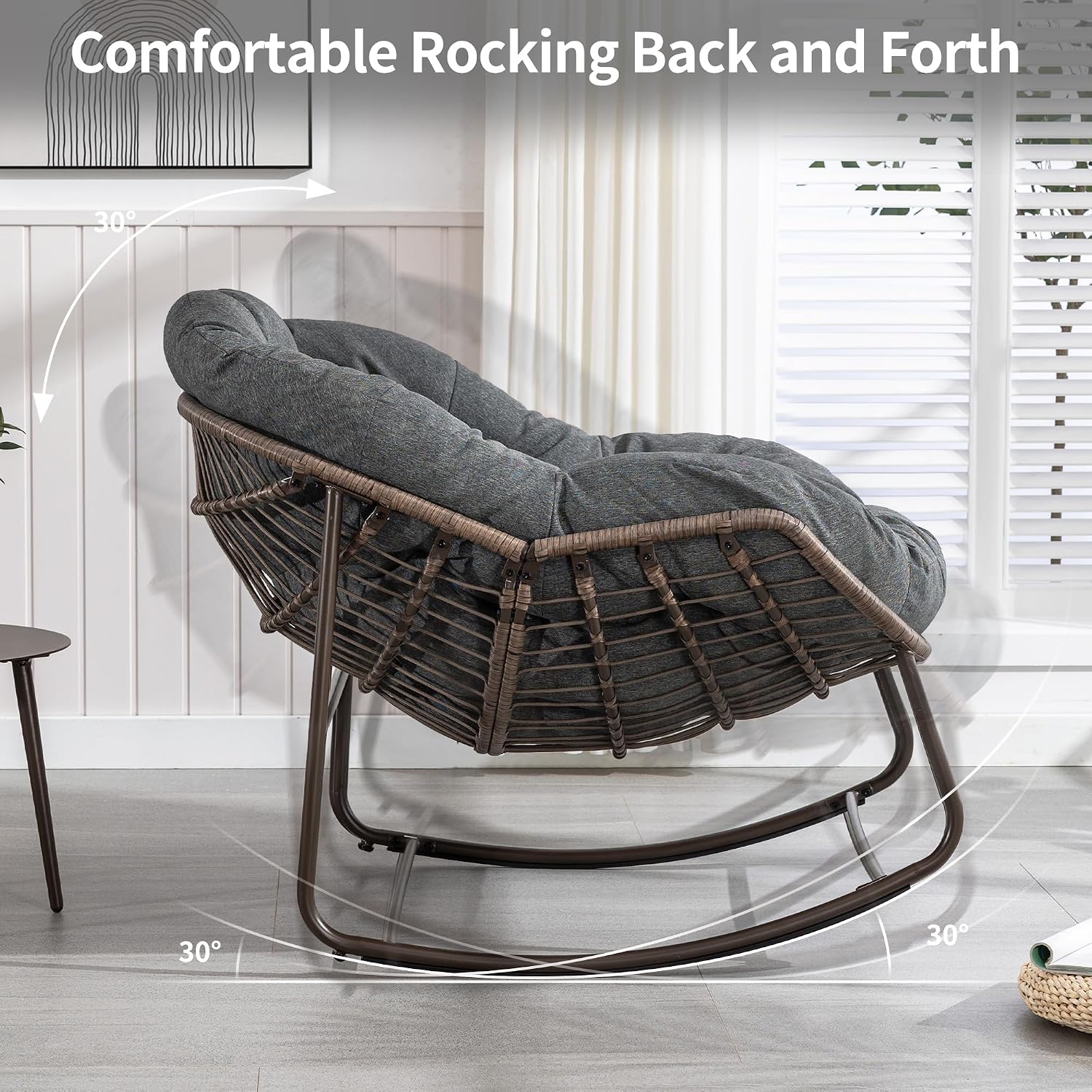 Oversized Papasan Rocking Chair - Outdoor Luxury Comfy Patio Chair Indoor Egg Royal Rattan Rocking Chair with Cushion for Front Porch Lounge Lawn Bedroom Living Room (Grey)