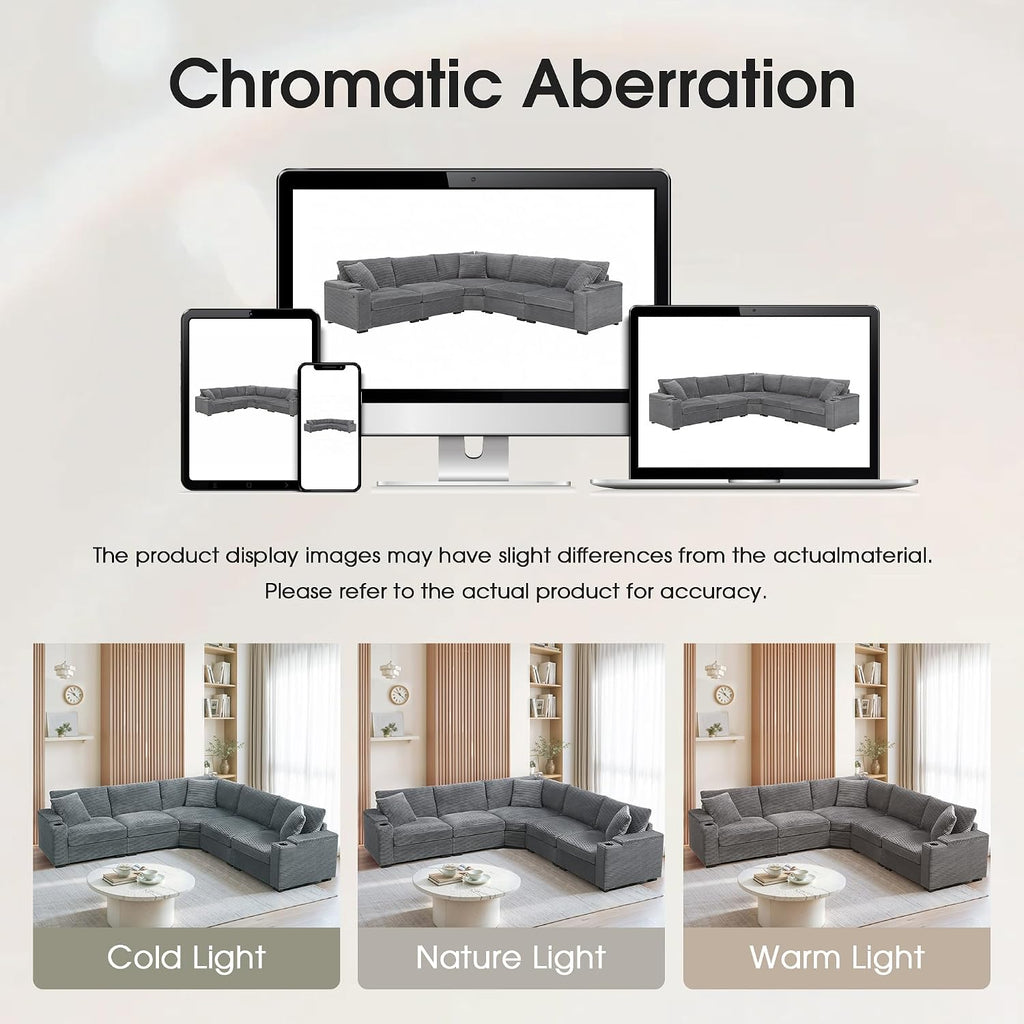 Merax 106' Corduroy Sectional Corner Sofa with Cup Holders & USB Charger, 5 Seat Convertible L Shaped Couch Set with Armrest Storage, Oversized Comfy Modular Sofabed for Living Room & Apartment, Gray