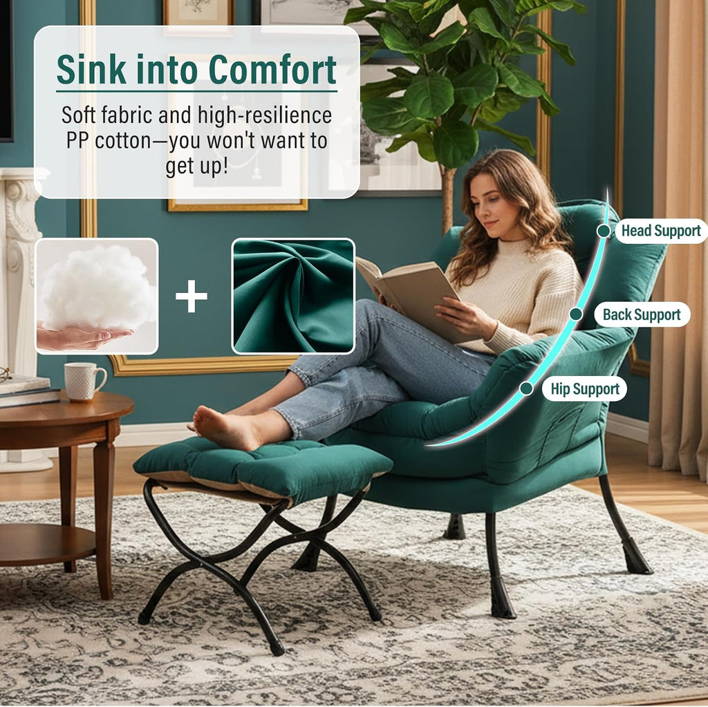 Furlide Lazy Chair with Ottoman, Modern Accent Chair with Armrests and a Side Pocket, Dark Green Accent Chairs, Reading Chairs, Oversized Armchairs for Bedroom, Study, Living Room, Courtyard