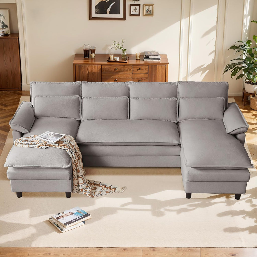 Comfy Cloud Couch Sectional Sofa with Lumbar Pillows, 105' Modern 4 Seater U Shaped Cloud Sofa with Deep Seat & Double Long Chaise, Sectional Couches for Living Room, or Office, Light Grey