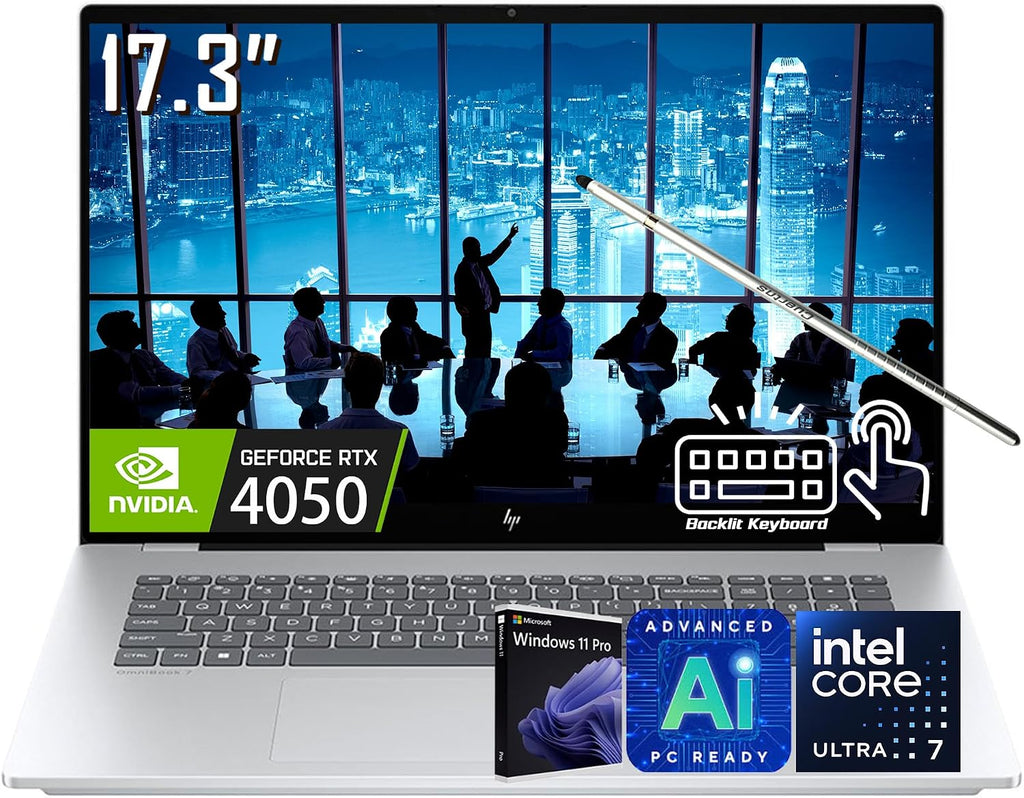 HP OmniBook 7 17.3' Touchscreen Gaming Laptop, Nvidia GeForce RTX 4050, Intel Evo 8-Core Ultra 7 258V(NPU Upto 47 Tops), 32GB LPDDR5x RAM, 2TB SSD, AI Copilot PC, 5MP Webcam, W/Stylus, Win11 PRO
