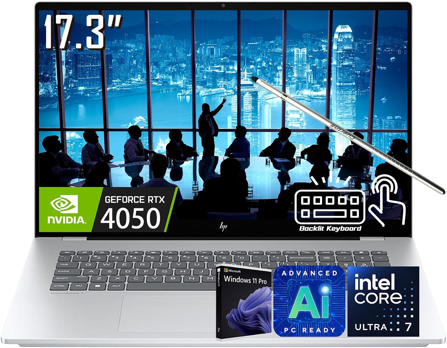 HP OmniBook 7 17.3' Touchscreen Gaming Laptop, Nvidia GeForce RTX 4050, Intel Evo 8-Core Ultra 7 258V(NPU Upto 47 Tops), 32GB LPDDR5x RAM, 2TB SSD, AI Copilot PC, 5MP Webcam, W/Stylus, Win11 PRO