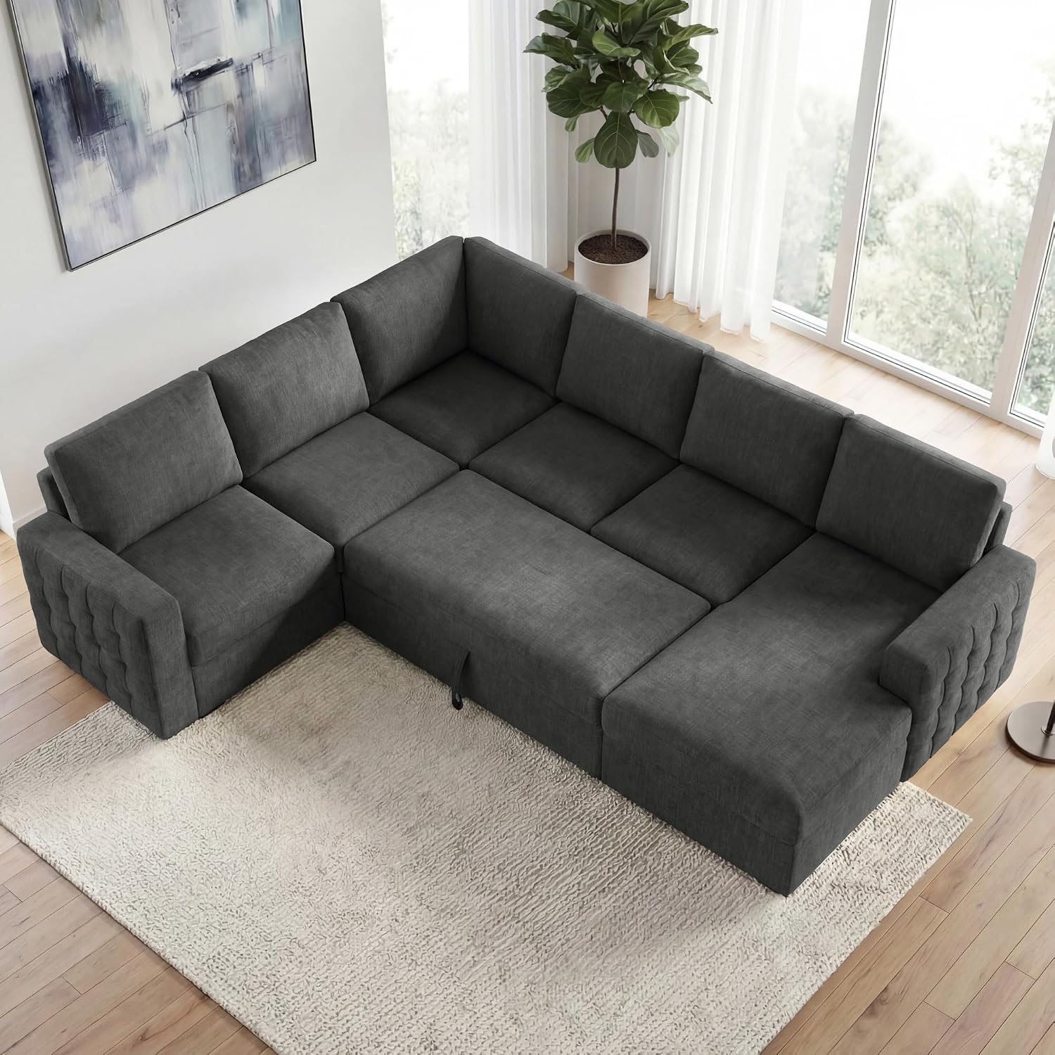 HONBAY Sectional Sleeper Sofa with Pull-Out Bed Storage Chaise, 6 Seater Couch for Living Room, Middle Grey