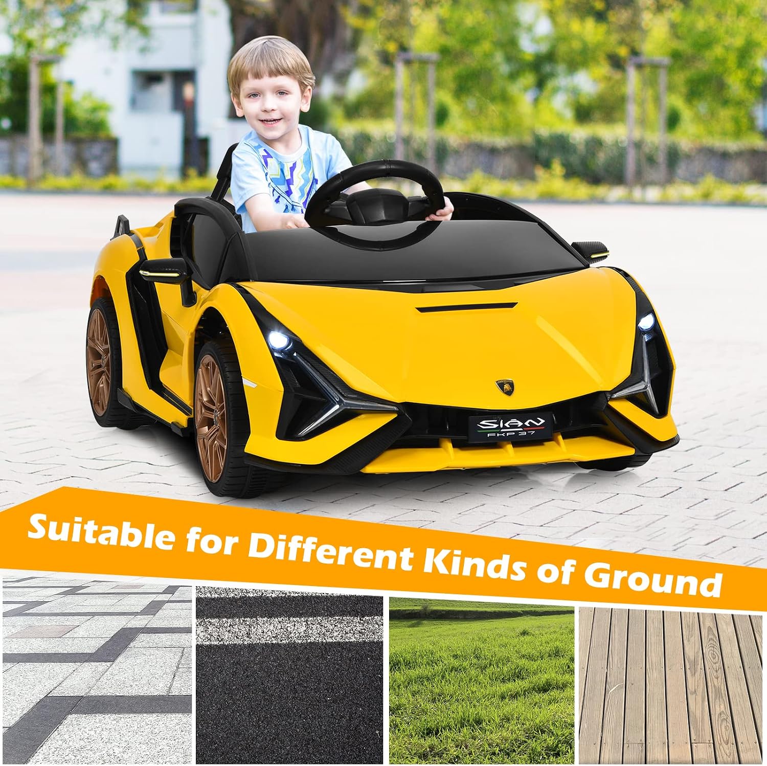 INFANS 12V Licensed Lamborghini Sian Kids Ride On Car with Parent Remote Control, Spring Suspension, MP3 Player, Electric Toy Roadster Carbon Fiber Textured for Toddler (Yellow)
