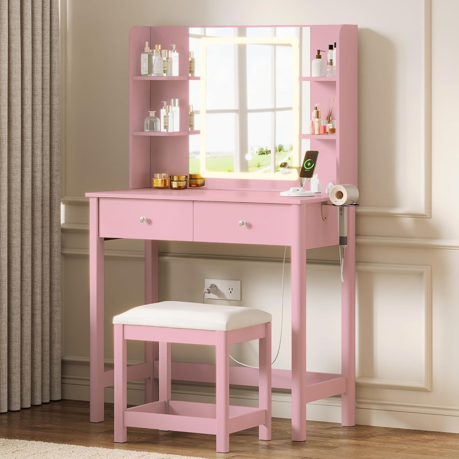 Vanity Desk with Mirror and LED Lights, Small Makeup Vanity Table Set with Drawers and Chair, Dressing Table with Power Outlet for Girls Bedroom, Pink