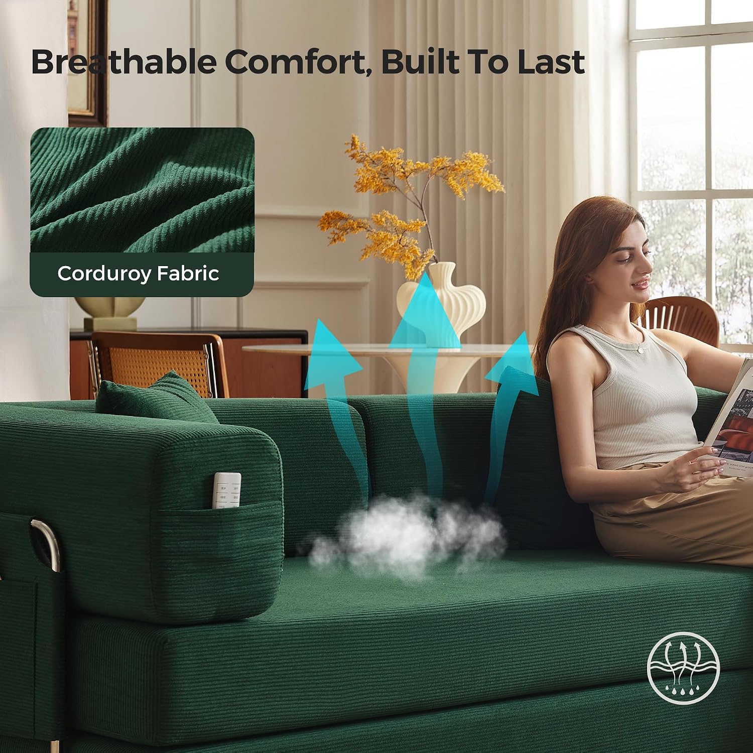 Carzzi-Life 79' Convertible Sofa Bed with Pillows, Corduroy Folding Sleeper Sofa with Fixed-Shape Frame, Boneless Couch for Living Room Bedroom, Floor Sofa Lounge No Assembly Required (Green)