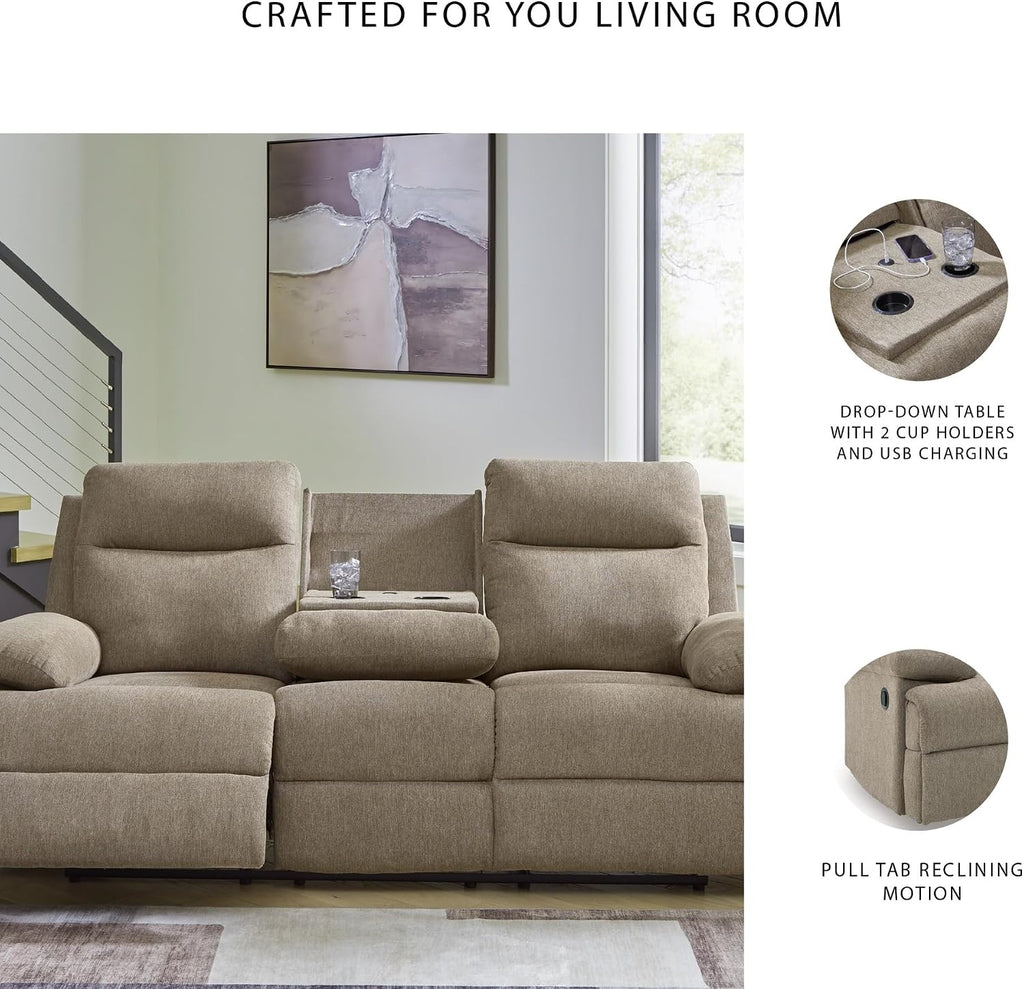 Signature Design by Ashley Yarrow Lane Classic Chenille Manual Pull Tab Reclining Sofa with Drop Down Table and USB Charging, Light Brown