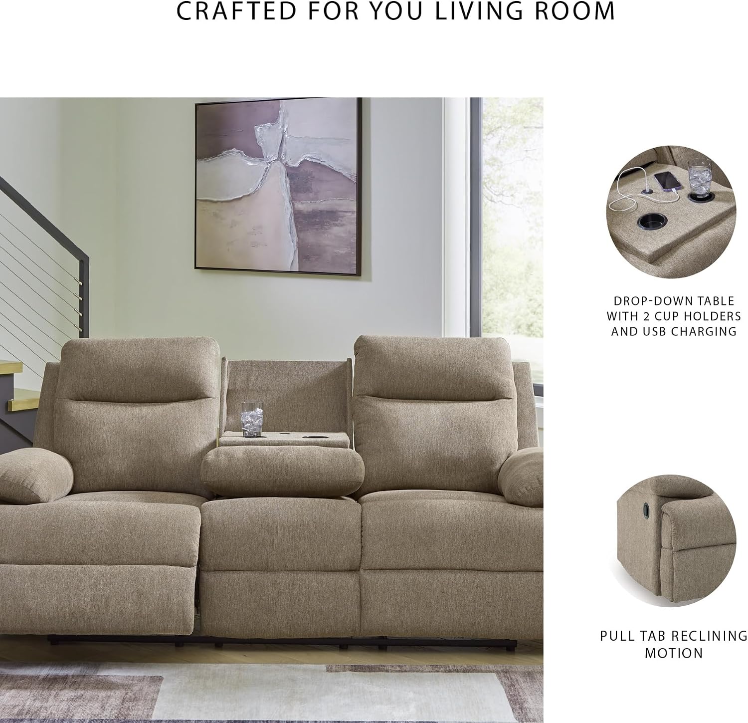 Signature Design by Ashley Yarrow Lane Classic Chenille Manual Pull Tab Reclining Sofa with Drop Down Table and USB Charging, Light Brown