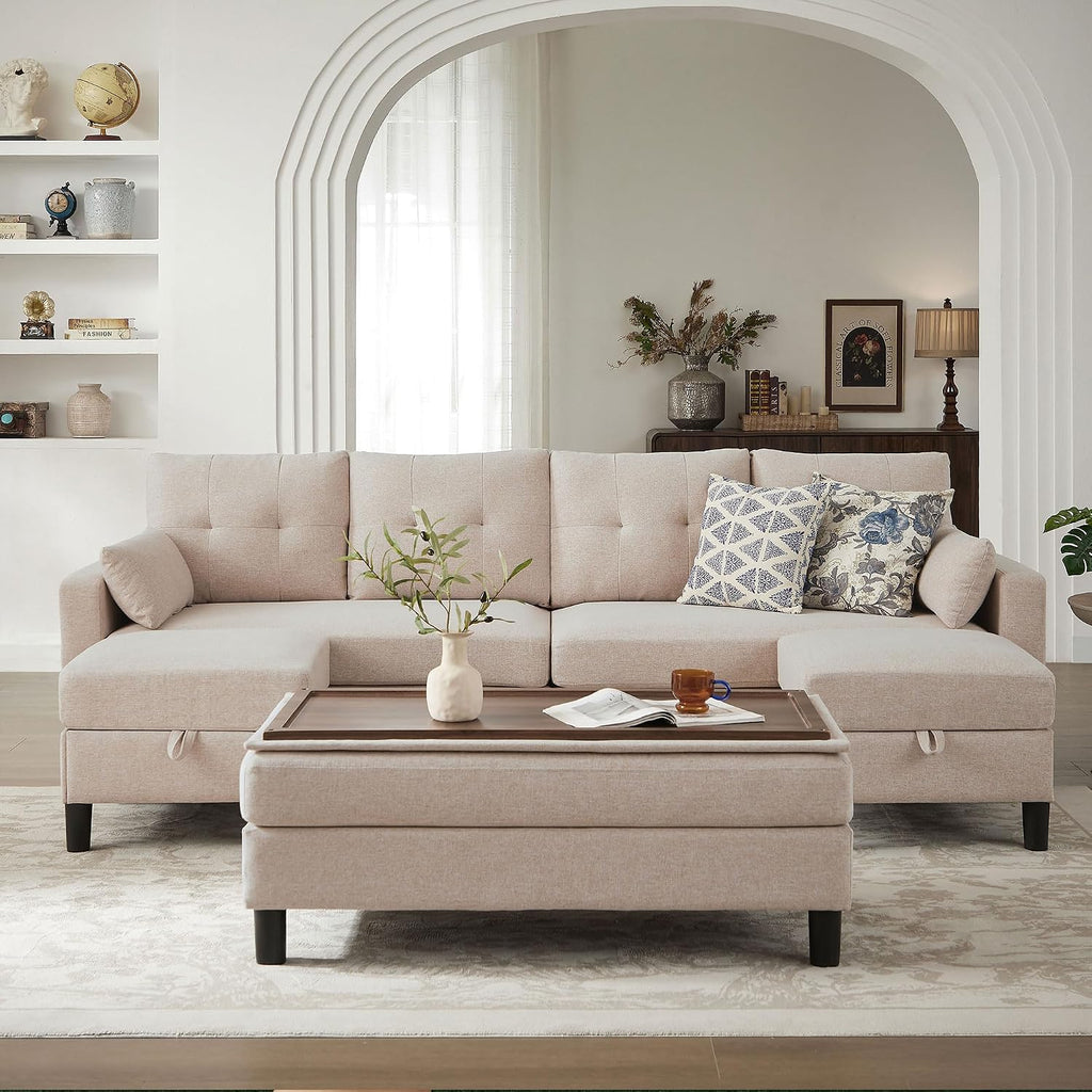 Convertible Sectional Sofa with Storage Ottoman Bench, 101' U Shaped Couch 4-Seat Sofa Set for Living Room/Apartment, Sectional Couch with Movable Ottoman, Beige