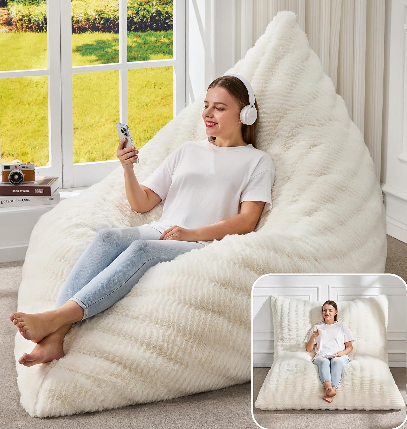 Hobestluk 3 in 1 Bean Bag Chair Giant Bean Bag Chairs for Adults with Ripple Cover Convertible Bean Bag Floor Cushion with Machine Washable Cover for Living Room (Ripple White)