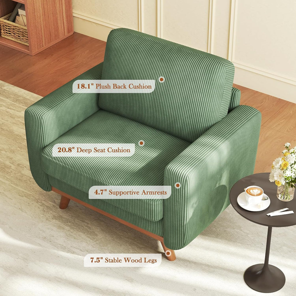 Vesgantti 38.5' Accent Chair Green, Comfy Corduroy Single Sofa Seat with Spring Cushion, Upholstered Armchair with Deep Seat, Reading Chair for Adults, Modern Sofa for Living Room, Bedroom