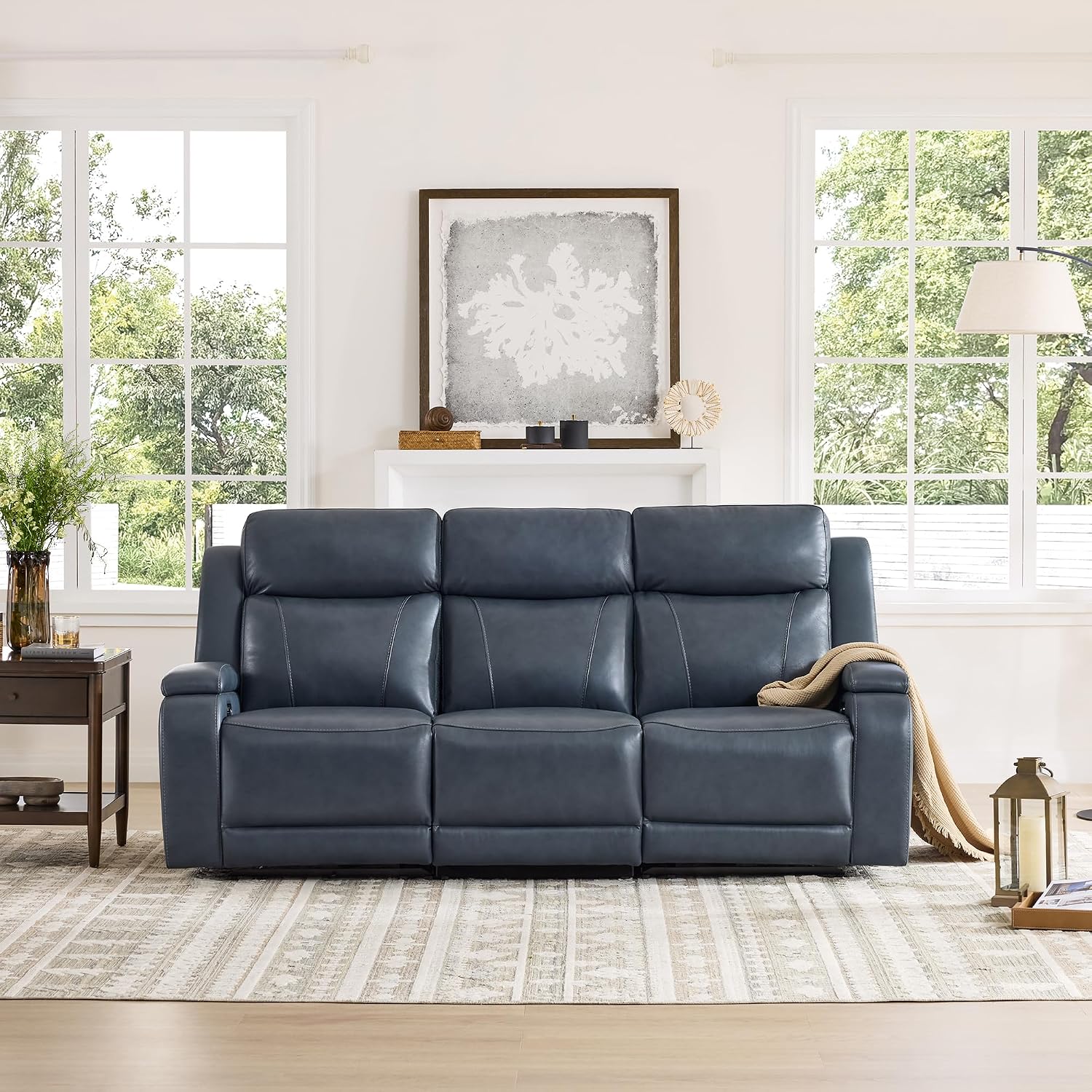 Watson & Whitely Genuine Leather Power Recliner Sofa, 3 Seater Zero Gravity Reclining Couch with Power Headrest & Flip Middle Backrest Table, Hidden Storage, Cup Holders for Living Room, Navy Blue