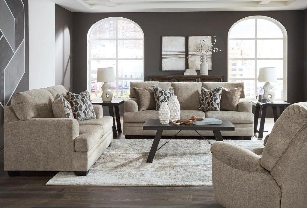 Signature Design by Ashley Stonemeade Casual Loveseat with 2 Toss Pillows, Light Brown