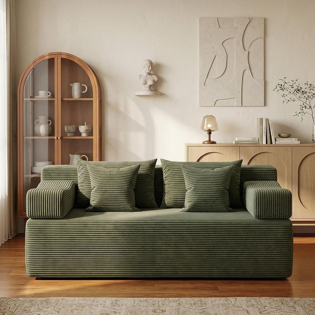 MONVANE 70' Loveseat Sofa with Removable Armrests, Comfy Corduroy Cloud Couch with 4 Pillows, Modern Deep Seat Boneless Couch, 2 Seater Sofa for Living Room, No Assembly Required, Green