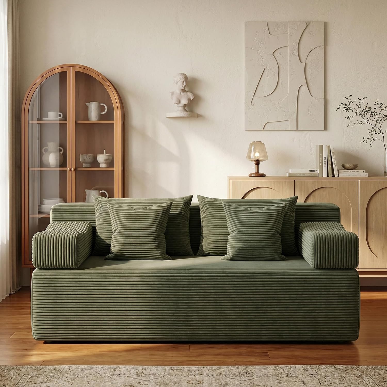 MONVANE 70' Loveseat Sofa with Removable Armrests, Comfy Corduroy Cloud Couch with 4 Pillows, Modern Deep Seat Boneless Couch, 2 Seater Sofa for Living Room, No Assembly Required, Green