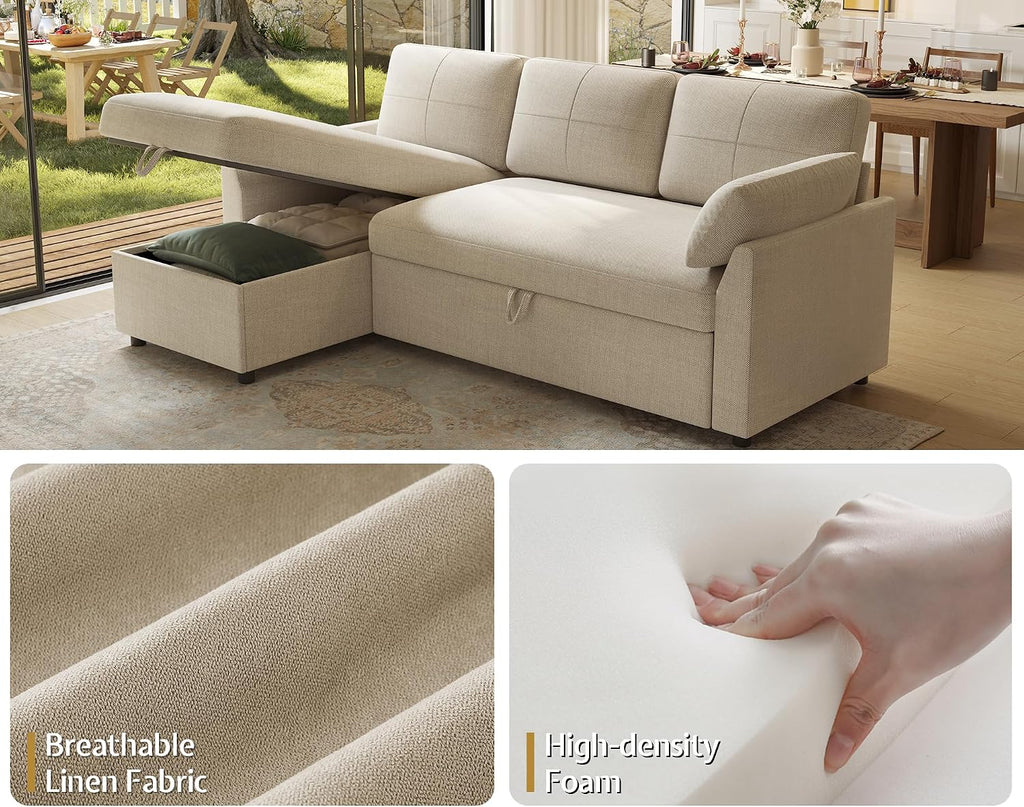 AMERLIFE Sofa Bed, 2-in-1 Sleeper Sofa with Storage Chaise, Pull Out Sofa Couch for Apartment Living Room, Linen Beige