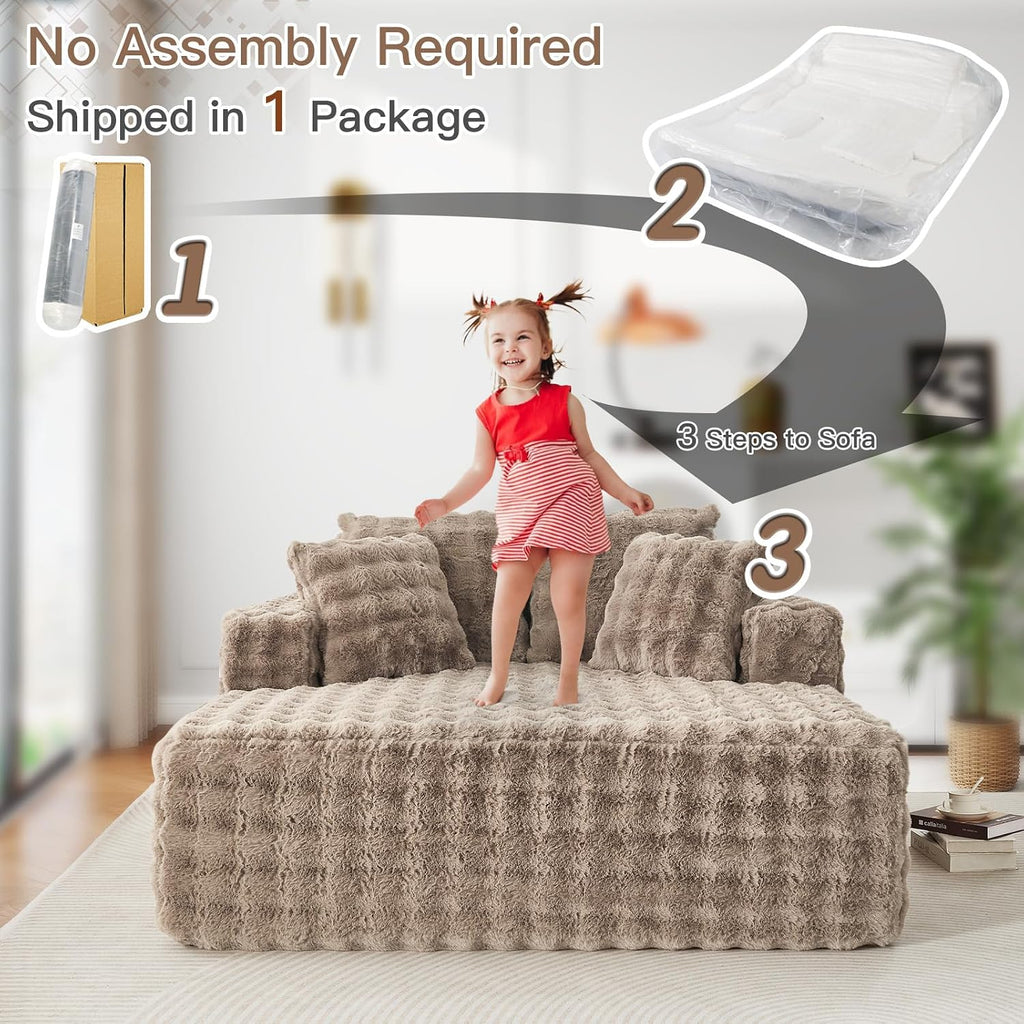 JEEOHEY 56' W Oversized Chaise Lounge Chair Indoor,Plush Faux Fur Sleeper Couch Sofa Bed with Pillows,Fluffy Comfy Cloud Sofa,Compression Foam Boneless Couch for Living Room,Bedroom(Bubble, Brown)