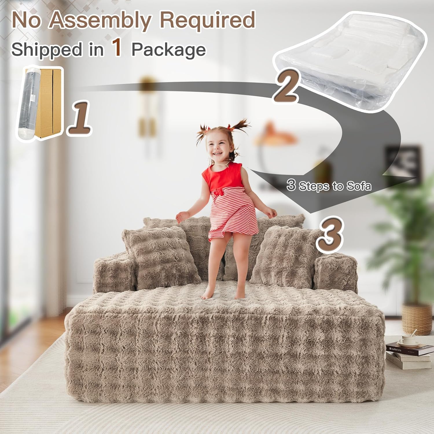 JEEOHEY 56' W Oversized Chaise Lounge Chair Indoor,Plush Faux Fur Sleeper Couch Sofa Bed with Pillows,Fluffy Comfy Cloud Sofa,Compression Foam Boneless Couch for Living Room,Bedroom(Bubble, Brown)