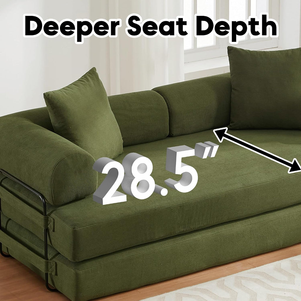ZEIINPA Convertible Sleeper Sofa Bed with Cylindrical Pillow, Corduroy Folding Mattress Couch with Fixed-Shape Frame, Floor Sofa Lounge Couch for Living Room Bedroom Lounge Studio-Green