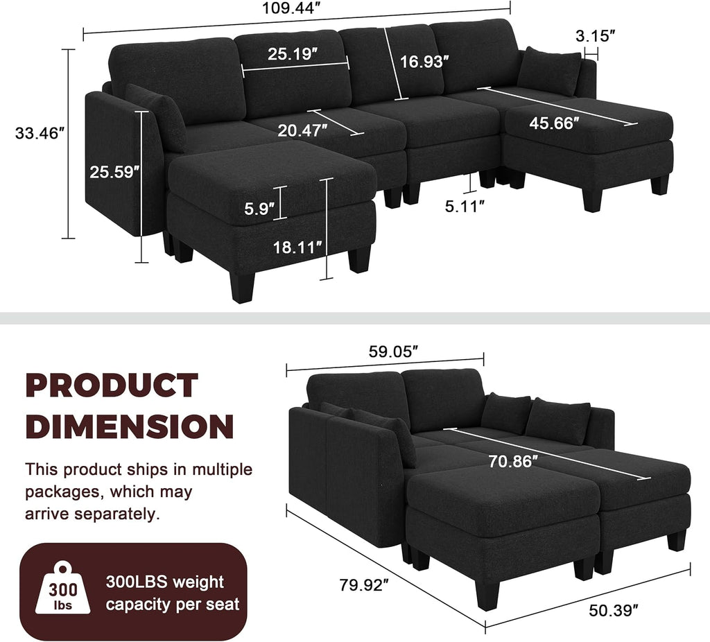 Modular Sectional Sofa, 6 Seaters Modular Sleeper Sofa Couch, Comfy Sectionals Couches Bed, Convertible Sofas with Ottomans, Sectional Couches for Living Room, Black