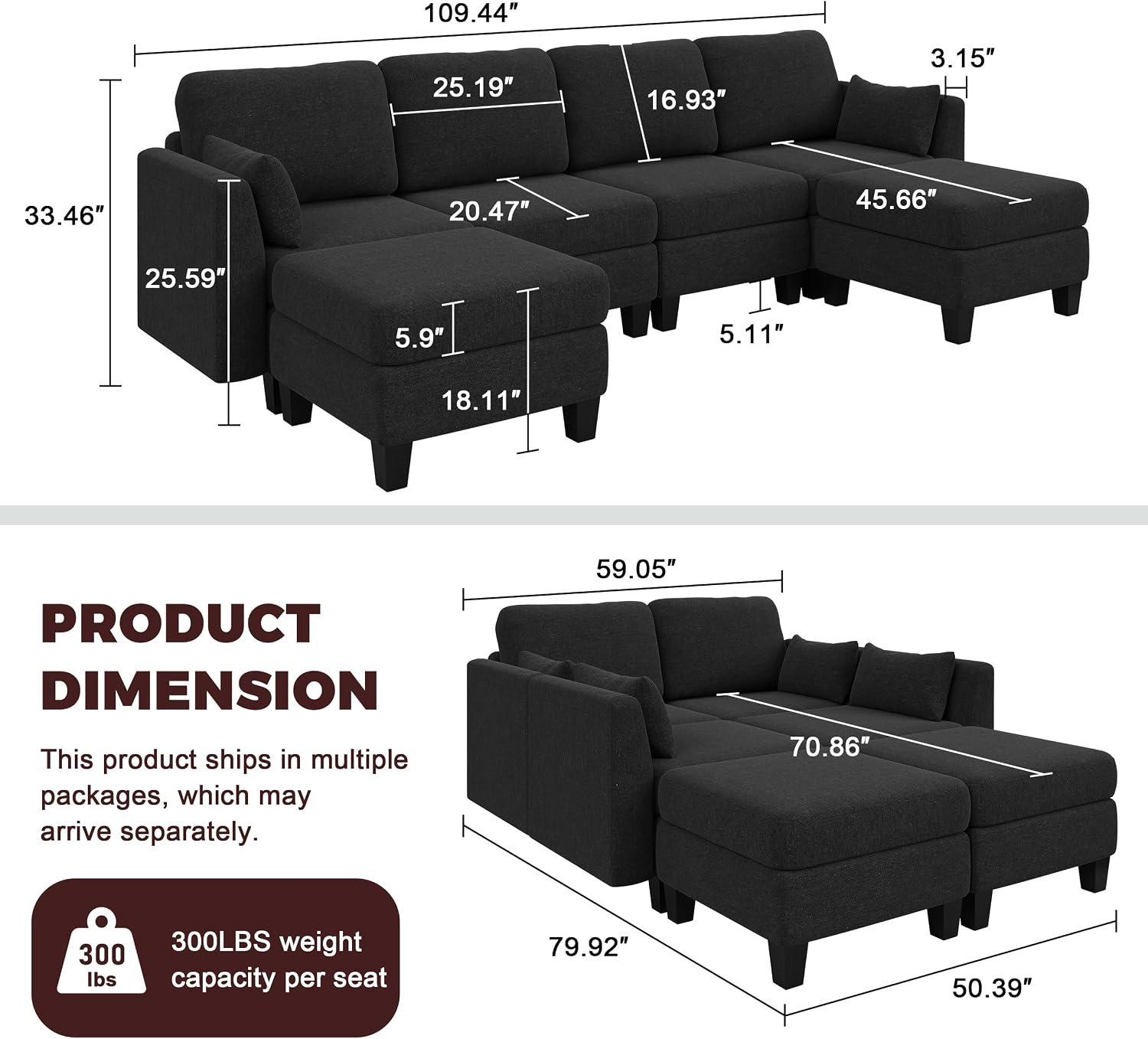 Modular Sectional Sofa, 6 Seaters Modular Sleeper Sofa Couch, Comfy Sectionals Couches Bed, Convertible Sofas with Ottomans, Sectional Couches for Living Room, Black