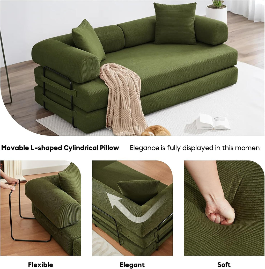 ZEIINPA Convertible Sleeper Sofa Bed with Cylindrical Pillow, Corduroy Folding Mattress Couch with Fixed-Shape Frame, Floor Sofa Lounge Couch for Living Room Bedroom Lounge Studio-Green