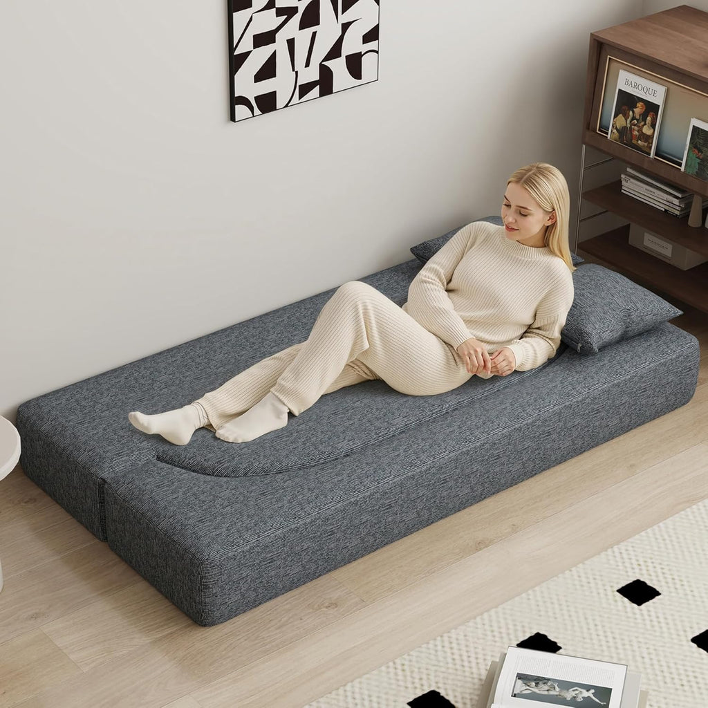 HENGJIANYI Folding Sofa Bed, Convertible Futon Sleeper Bed, 2-in-1 Foldable Floor Mattress with 2 Pillows, Breathable High-Density Foam Lazy Couch, Twin Size Comfy Lounge Chair, Dark Gray