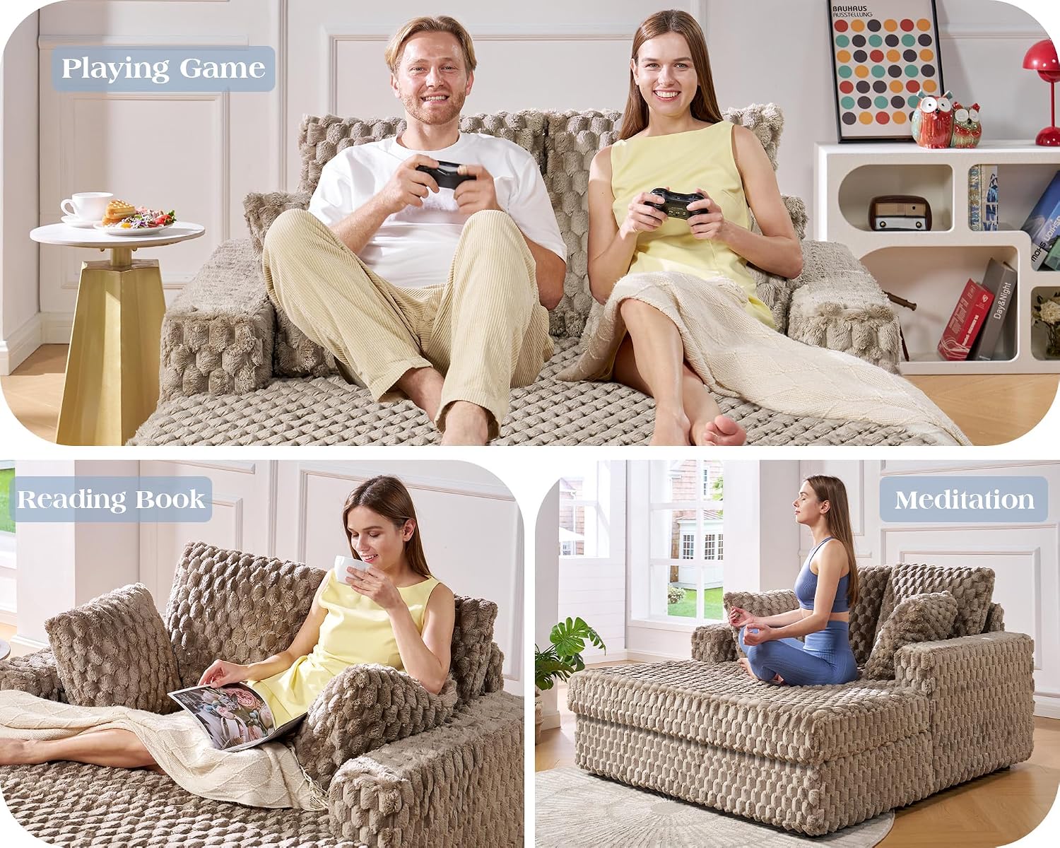 VanAcc 58 Inch Chaise Lounge Indoor, Plush Sleeper Chair with Throw Pillows, Upholstered Sofa Bed with Armrests, Plush Chair Bed for Living Room(Brown)
