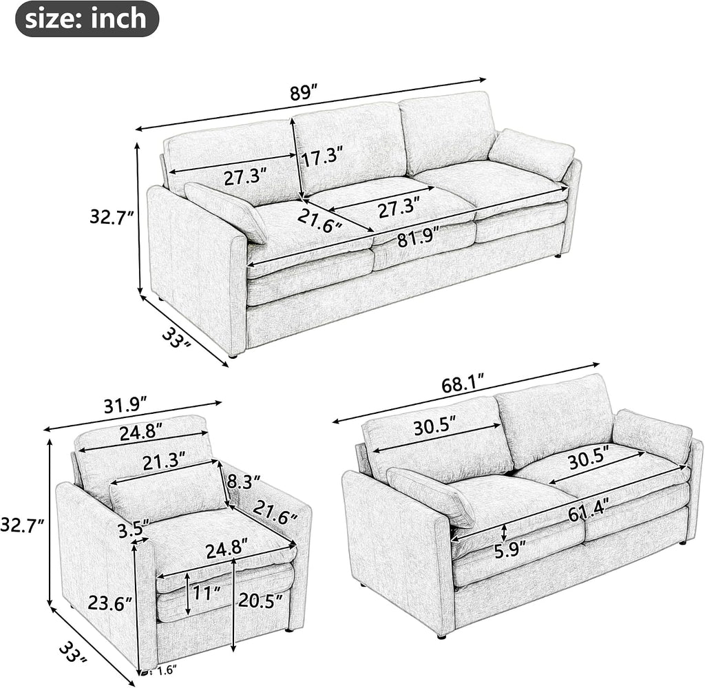 Harper & Bright Designs 3-Piece Chenille Fabric Upholstered Sofa Set with Oversized Comfy Cloud 3-Seater Couch, Loveseat Sofa and Armchair, Double Plush Cushion for Living Room