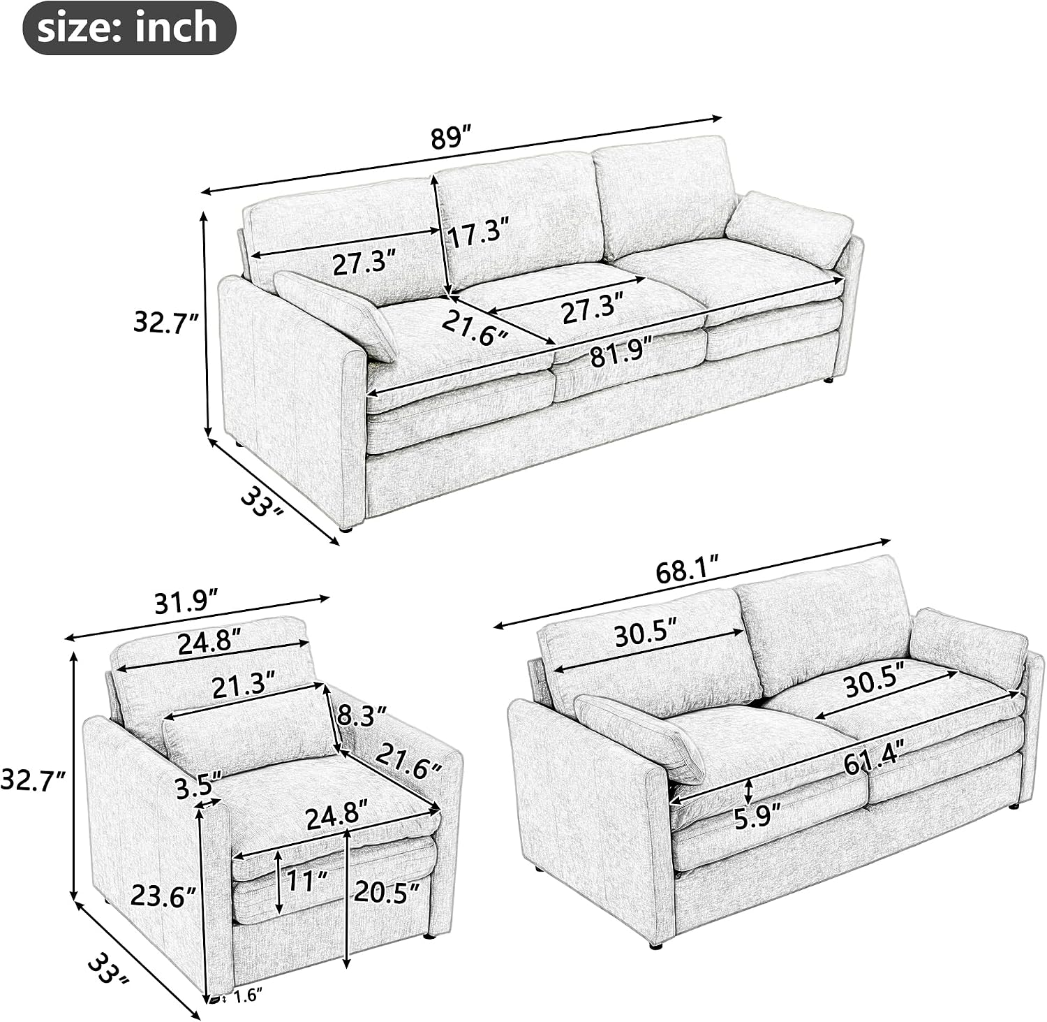 Harper & Bright Designs 3-Piece Chenille Fabric Upholstered Sofa Set with Oversized Comfy Cloud 3-Seater Couch, Loveseat Sofa and Armchair, Double Plush Cushion for Living Room