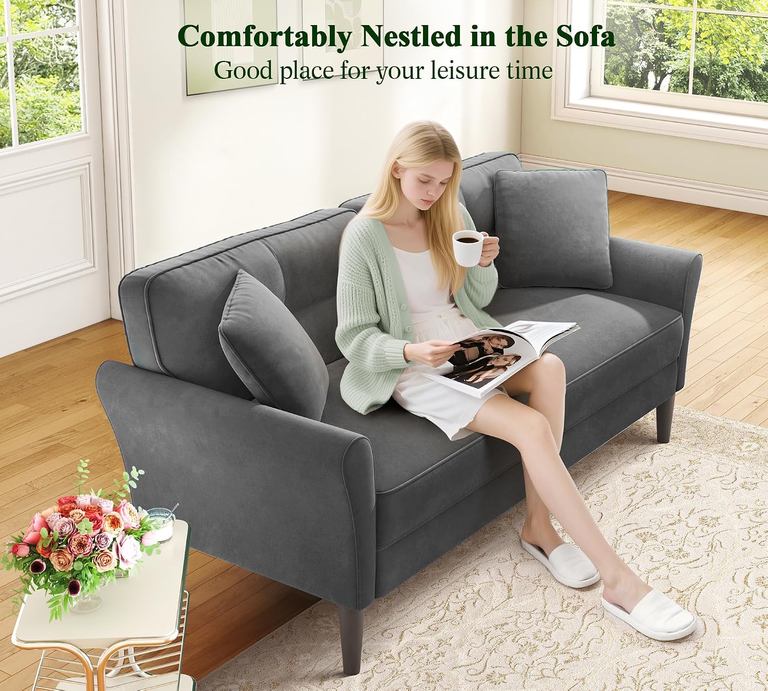 Loveseat Sofa, 69' Love Seat Couches, Comfy Velvet Small Couches for Small Spaces with 2 Pillows, Tool-Free Setup Sofas & Couches, 700lb Load Sofas for Living Room, Mini Couch for Bedroom, Grey Couch