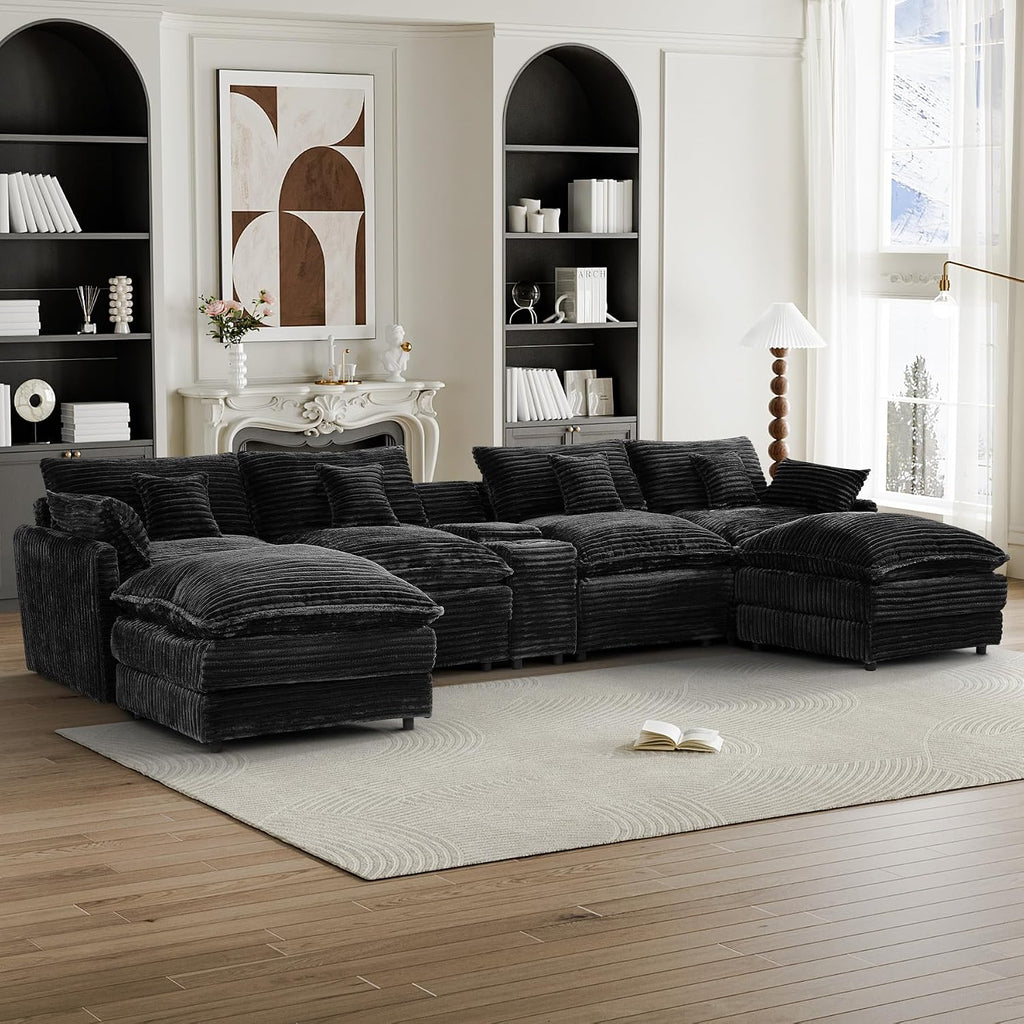 HYJT-H&K 145' U Shaped Cloud Couch Modular Dark Black Sectional Couches for Living Room, Comfy Fluffy Corduroy Oversized Cloud Sectional Couch Large 6 Seat Sectionals Sofa Set Central Console USB Port