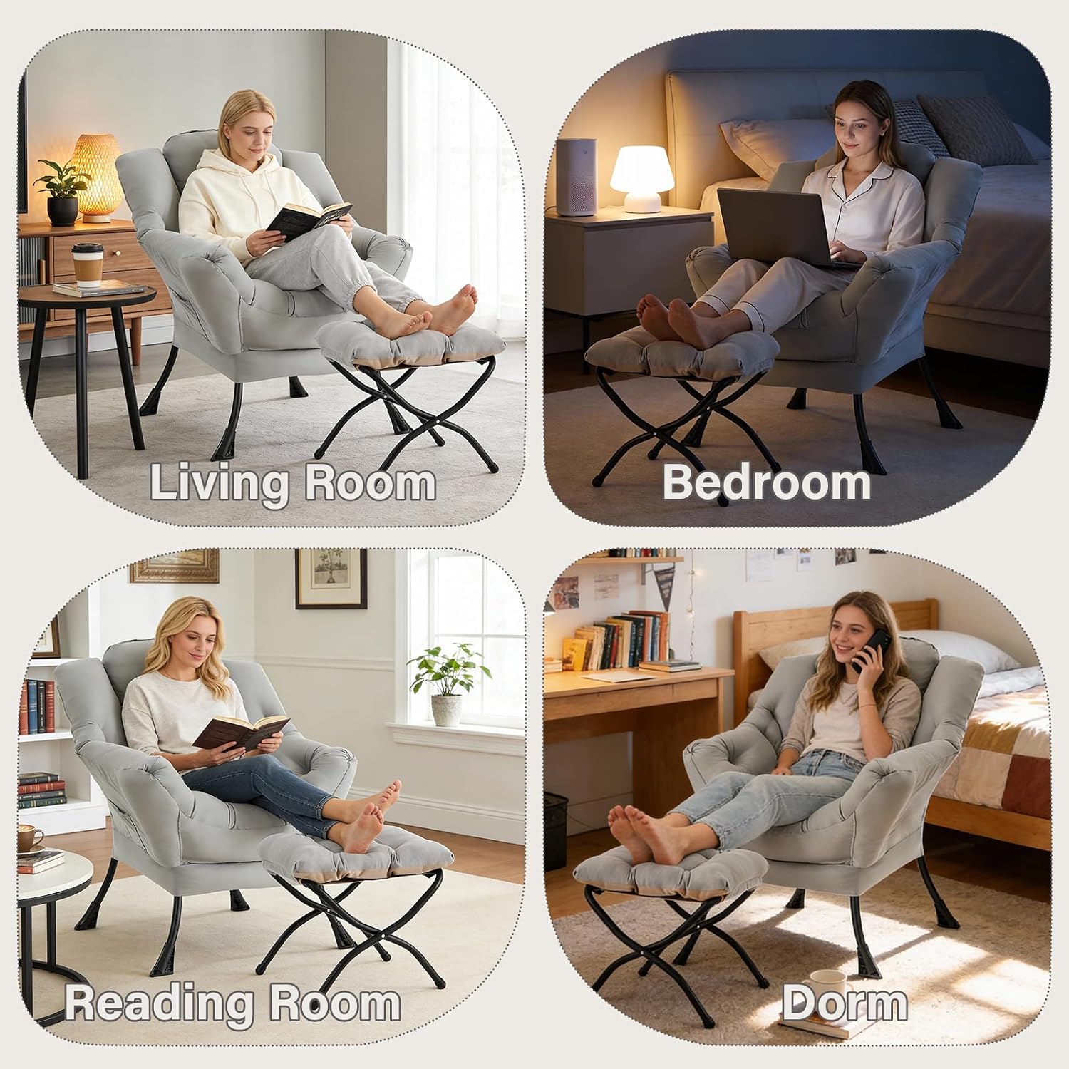 MBOOYOME Lazy Chair with Folding Ottoman, Modern Accent Lounge Armchair with Armrests and a Side Pocket & Foldable Footstool, Leisure Reading Chair for Living Room, Bedroom, Dorm & Office, Light Grey