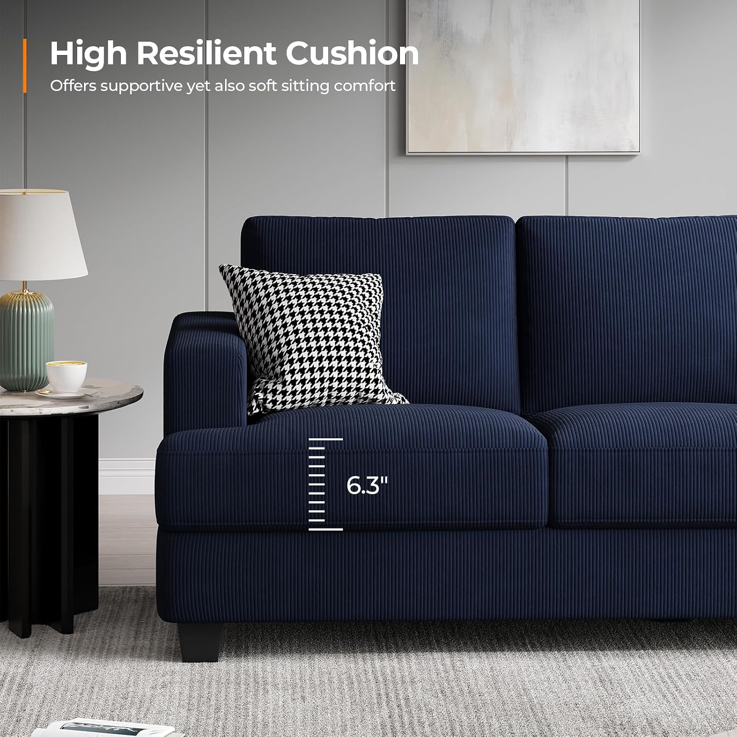COPIAE 89 Inch Sofa with Extra Deep Seats Oversize, 3 Seater Sofa for Living Room, Modern Couch and Sofa, Comfy Armrests and Seats and Backrests, Easy Installation, Corduroy Fabric Blue