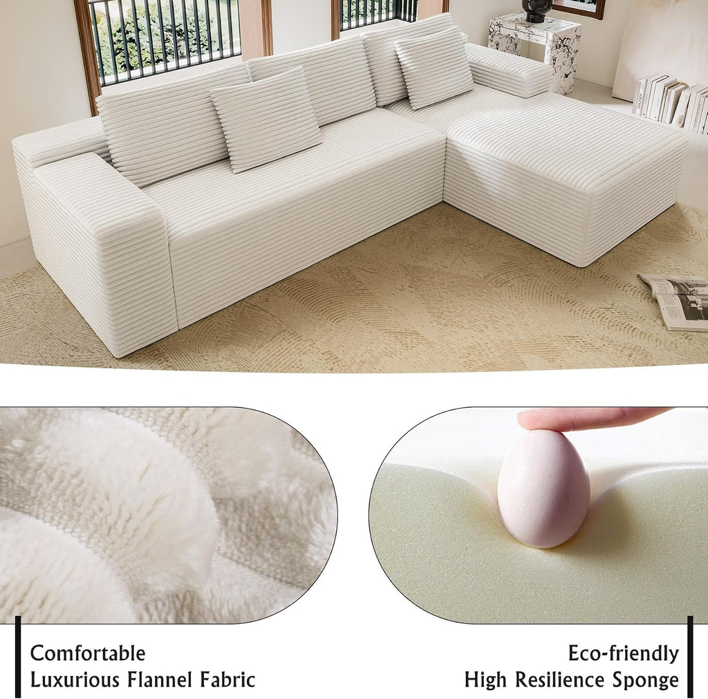 Sectional Couches for Living Room Corduroy Couch, 104' Cloud Boneless Couch with L-Shape Chaise, Modern Modular Sofa, Deep Seat Comfort, No Assembly Required(Plush Corduroy, Left Facing Chaise)