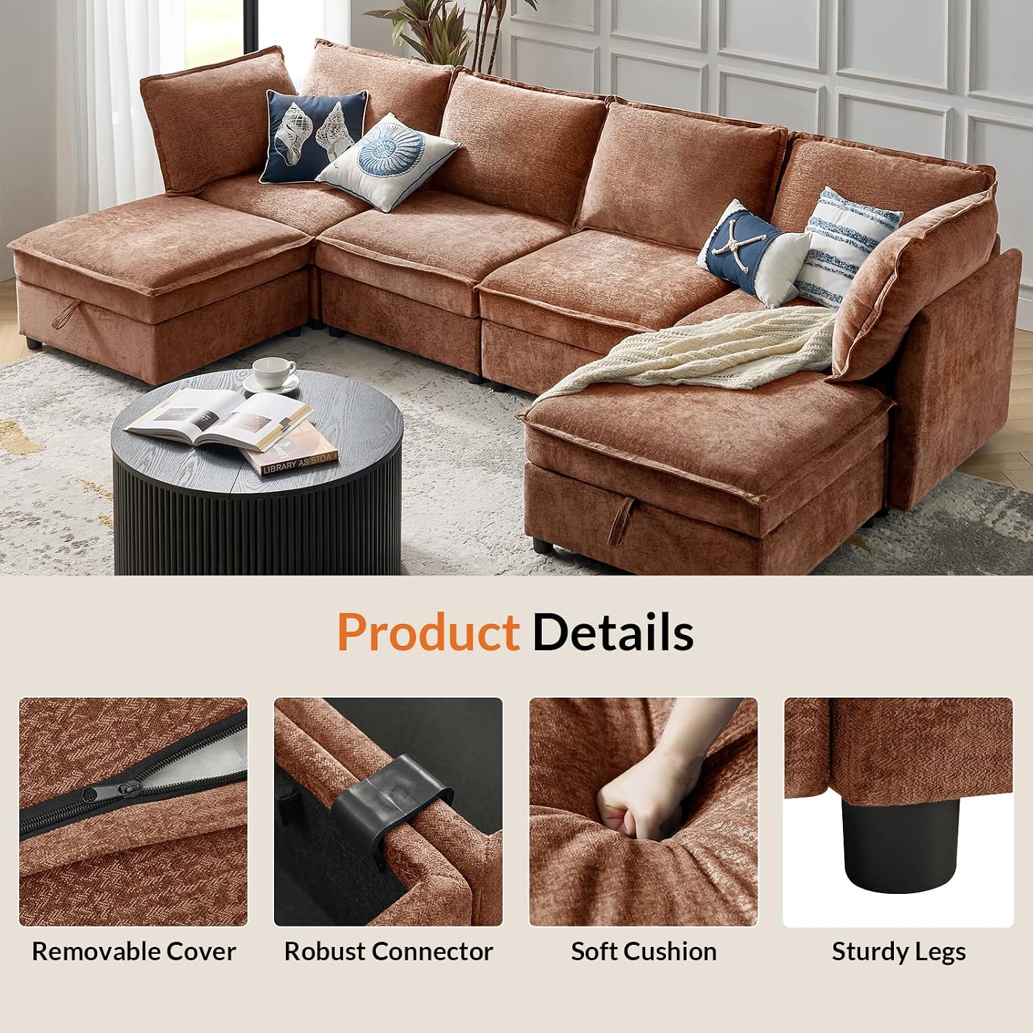 HULALA HOME 127'' Modular Sectional Sofa, Oversized U Shaped Couch with Storage Ottoman, Comfy Chenille Sofa with Deep Seat, 6 Seat Convertible Couches for Living Room, Burnt Orange