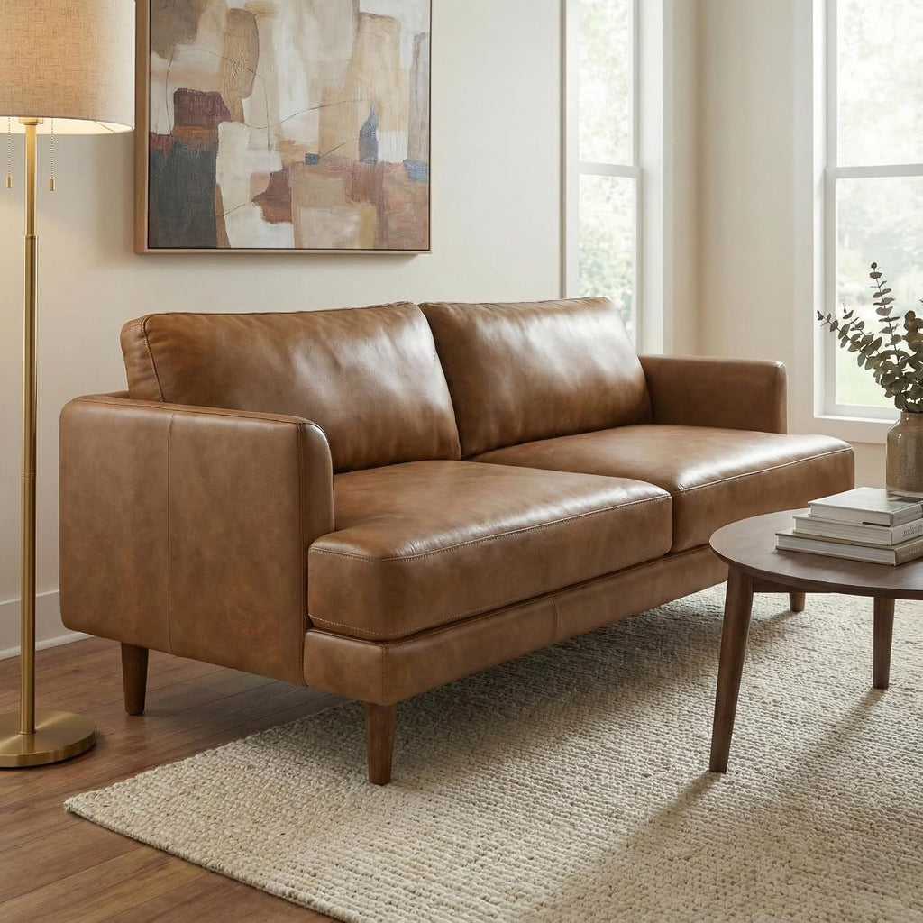 SIMPLIHOME Livingston Sofa - 76' Wide x 33' High Top Grain Genuine Leather Sofa in Caramel Brown, Mid-Century Modern Loveseat with Removable Feather-Wrapped Cushions and Solid Wood Frame