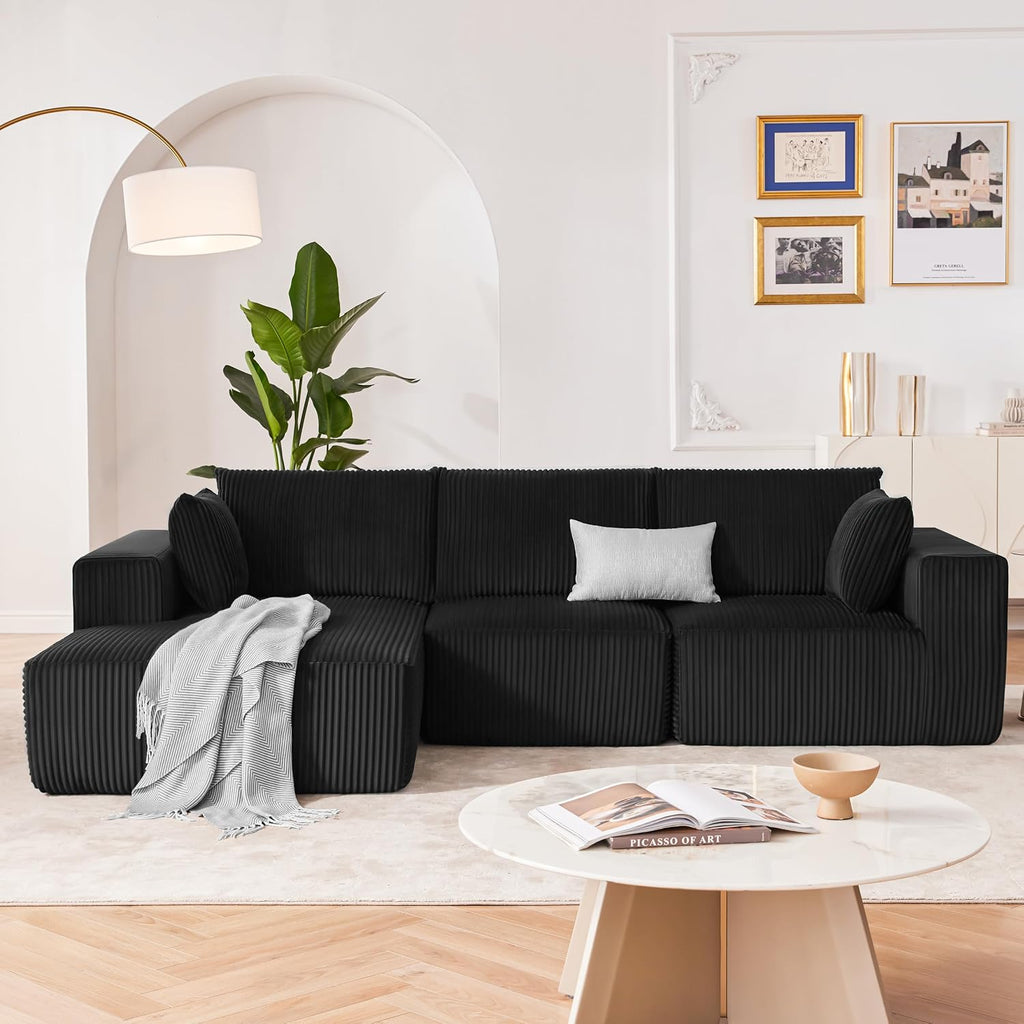 108' Modular Sectional Sofa, Cloud Sectional Couch with Deep Seat, Upholstered Boneless Couches for Living Room Bedroom, Modern Modular L-Shape Sofa Couch with Chaise (Left Facing Chaise, Black)