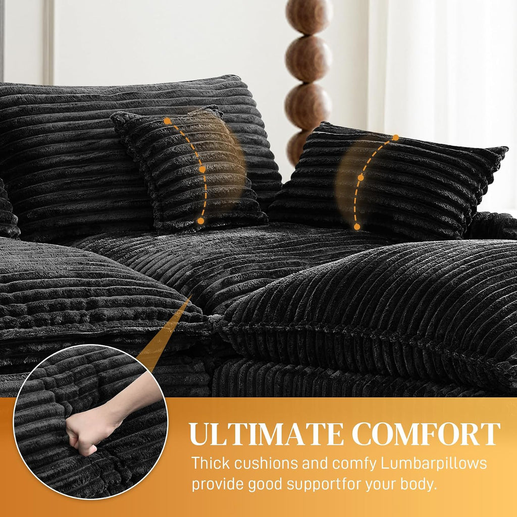 HYJT-H&K 145' U Shaped Cloud Couch Modular Dark Black Sectional Couches for Living Room, Comfy Fluffy Corduroy Oversized Cloud Sectional Couch Large 6 Seat Sectionals Sofa Set Central Console USB Port