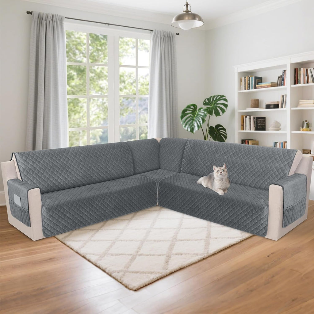 HDCAXKJ Waterproof Corner Sectional Couch Cover Velvet L Shape Sofa Covers for Pets Dogs Soft Heavy Duty U Shaped Sofa Slipcovers Sets for Sectional Non Slip Furniture Protector (Dark Gray, XX-Large)