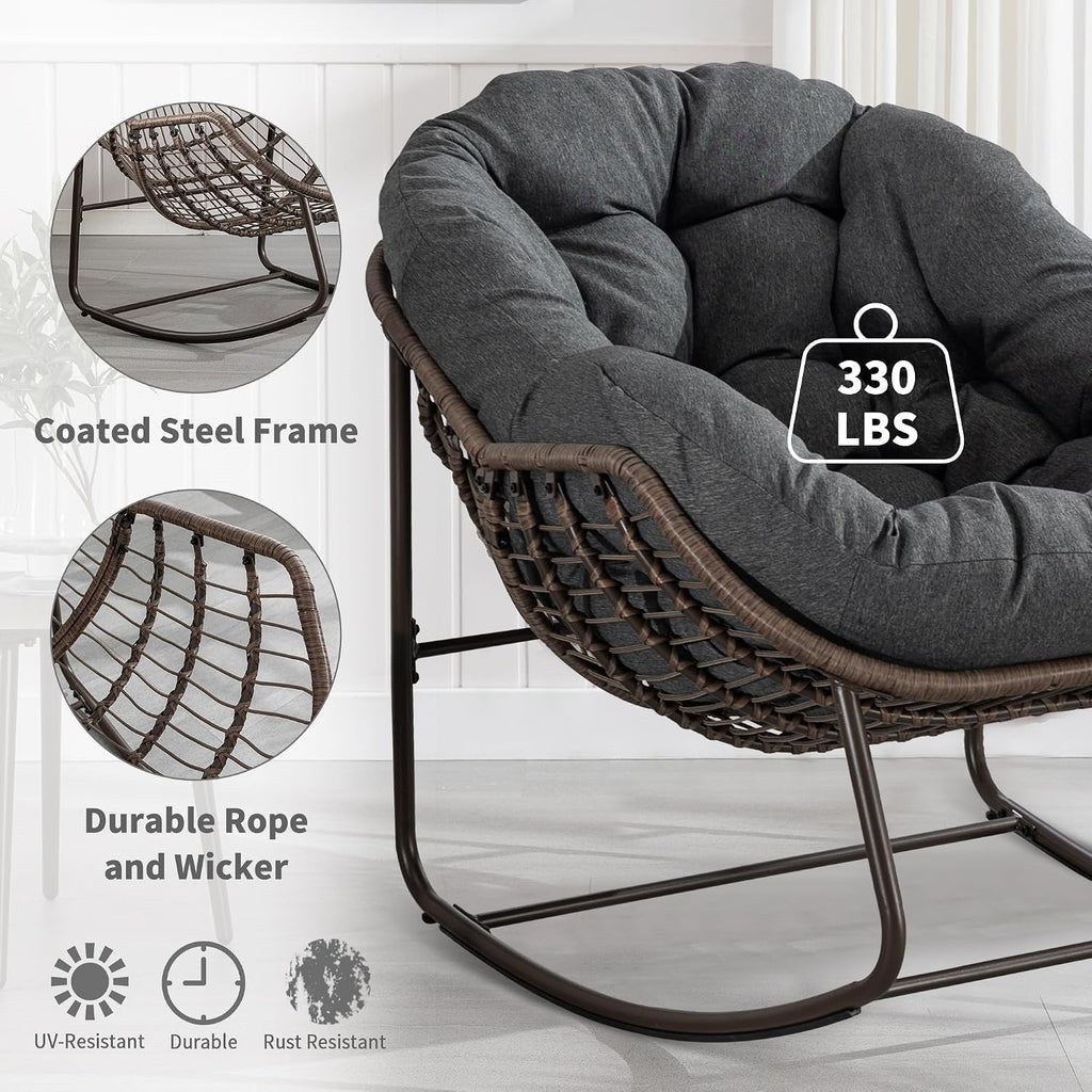 Oversized Papasan Rocking Chair - Outdoor Luxury Comfy Patio Chair Indoor Egg Royal Rattan Rocking Chair with Cushion for Front Porch Lounge Lawn Bedroom Living Room (Grey)