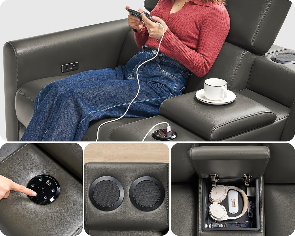 Amerlife Power Recliner Sectional Sofa, Reclining Sofa with Storage/USB Port, Leather Recliner Sofa with Adjustable Headrest, 5 Seats Reclining Sectional Couches with Console and Cup Holder, Dark Grey