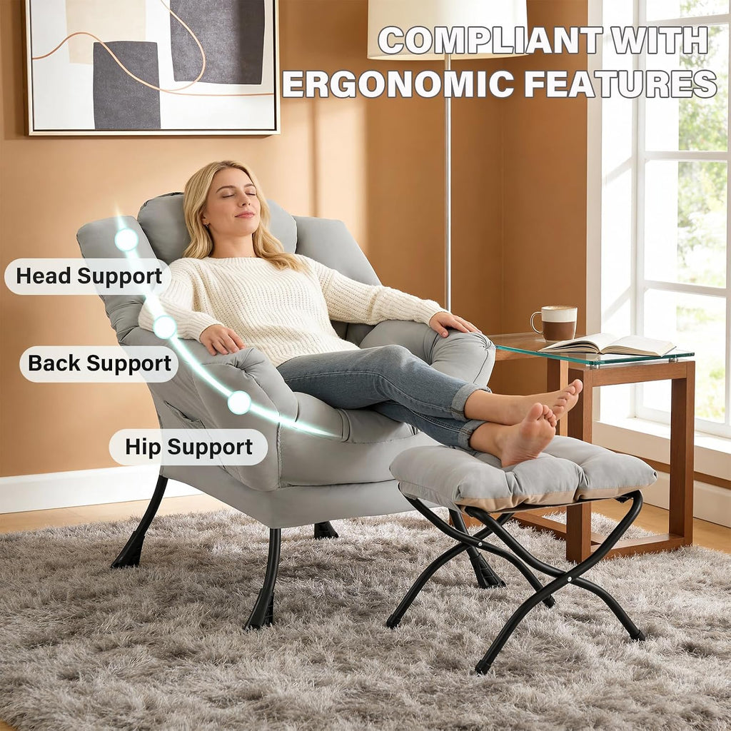 MBOOYOME Lazy Chair with Folding Ottoman, Modern Accent Lounge Armchair with Armrests and a Side Pocket & Foldable Footstool, Leisure Reading Chair for Living Room, Bedroom, Dorm & Office, Light Grey