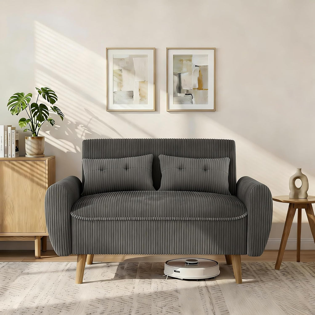Shintenchi 48'' Loveseat Sofa, Mid-Century Modern Upholstered Couch Deep Seat with 2 Pillows, 10' Thick Cushion with Spring, Solid Wood Frame Small Couch for Living Room, Dorms & Office, Dark Grey